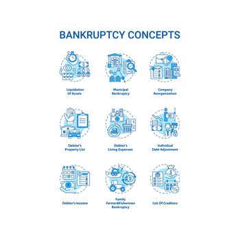 Bankruptcy blue concept icons set