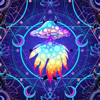Psychedelic seamless pattern with magic mushrooms over sacred geometry. Vector repeating illustration. Psychedelic concept. Rave party, trance music.