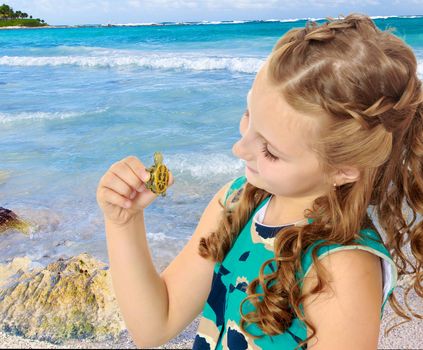 Caucasian little girl holding in hands a small turtle. Close-up.White sand , blue sea and blue sky with clouds.
