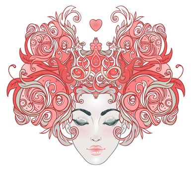 Tribal Fusion Boho Diva. Beautiful Asian divine girl with ornate crown, kokoshnik inspired. Bohemian goddess. Hand drawn elegant illustration. Lotus flower, ethnic art