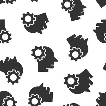 Human head with cogwheel icon in flat style. Technology progress vector illustration on white isolated background. Face and gear seamless pattern business concept.