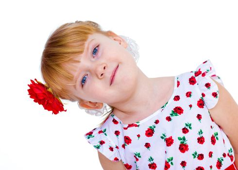 charming little girl with red rose in hair braided