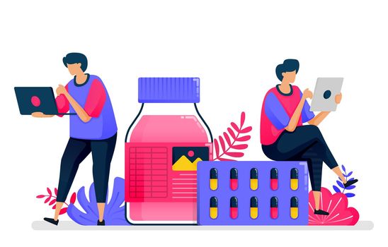 Flat vector illustration of health services. Liquid medicine, pill and drug provider for drugstores. Design for healthcare. Can be used for landing page, website, web, mobile apps, posters, flyers