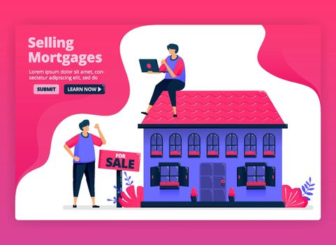 Vector illustration of selling and buying property and real estate with cheap mortgages. Funding for home purchases by banks. Can be used for landing page, website, web, mobile apps, posters, flyers