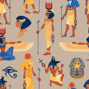 Ancient Egypt. Vintage seamless pattern with Egyptian gods, symbols. Retro hand drawn vector illustration. Ra, Isis, Anubis, Sekhtmet, Cleopatra, pyramid.