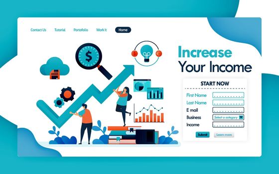 landing page for business and increase in revenue, increases in income and profit in company, chart and graph for statistical analysis and financial strategy. vector design flyer poster mobile apps