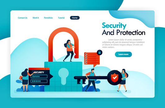 landing page for security and protection, padlock and lock, hacking user data, privacy and financial protection, secures digital system, safe data account. vector design flyer poster mobile apps ads
