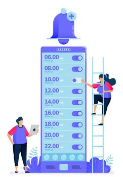 Vector illustration for checklist of alarm apps to wake up. Ring bell apps to remind and warn. Can be used for landing page, website, web, mobile apps, posters, flyers