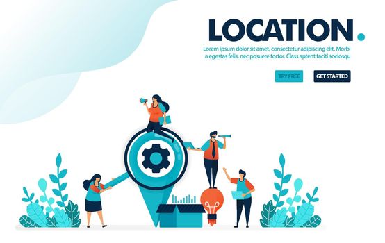 Vector illustration looking for location. People looking for locations to send idea box. Location pin for delivery and business service. Designed for landing page, web, banner, template, flyer, poster