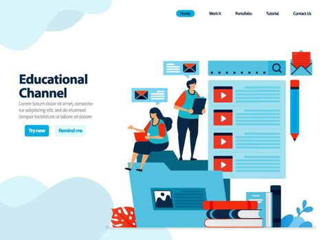 website design of educational video channel. collect and organize learning videos to the subscribe folder. Flat illustration for landing page template, ui ux, website, mobile app, flyer, brochure, ads