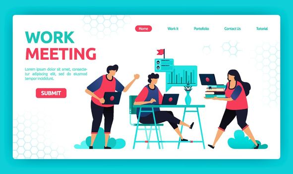 Vector illustration of daily meetings to evaluate and analyze job progress. Brainstorming in solving problems in chart analysis. Graphic design template for banner, flyer, brochure, cover, magazine