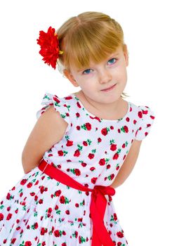 charming little girl with red rose in hair braided