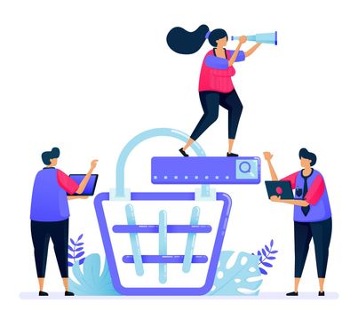 Vector illustration for online product shopping cart search. E commerce and checkout on the marketplace. Can be used for landing page, website, web, mobile apps, posters, flyers