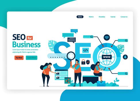 vector illustration website for marketing optimization with SEO. online advertising with keywords in search engines for target market, ads services, social media. landing page, banner, mobile apps