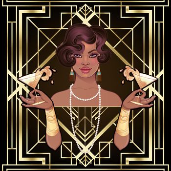 Retro fashion: glamour girl of twenties (African American woman). Vector illustration. Flapper 20's style. Vintage party invitation design template.