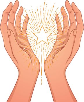 Female hands open around magic star. New World Order. Hand-drawn alchemy, religion, spirituality, occultism. Vector illustration isolated.