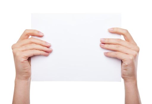 hand holding blank paper isolated