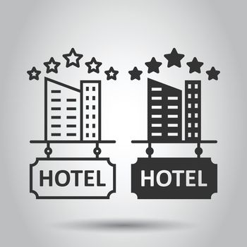 Hotel 5 stars sign icon in flat style. Inn building vector illustration on white isolated background. Hostel room business concept.