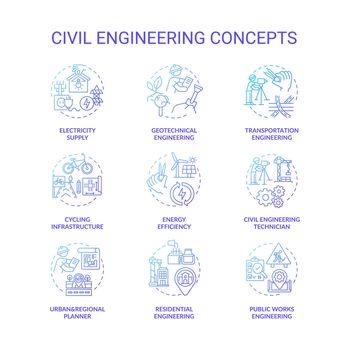 Civil engineering blue gradient concept icons set