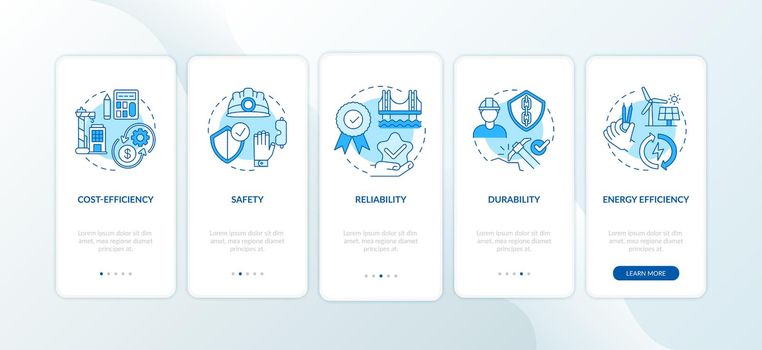 Safety in civil engineering blue onboarding mobile app page screen with concepts