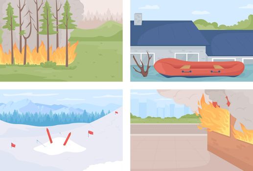 Environmental disasters flat color vector illustrations set