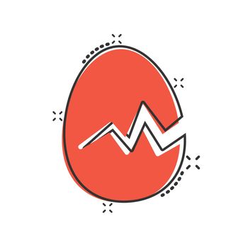 Egg icon in comic style. Breakfast cartoon vector illustration on white isolated background. Eggshell splash effect business concept.