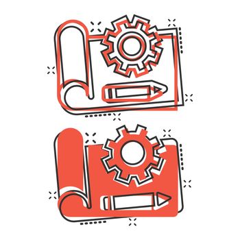 Prototype icon in comic style. Startup cartoon vector illustration on white isolated background. Model development splash effect business concept.