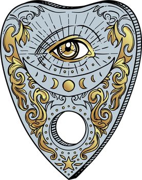 Heart-shaped planchette for spirit talking board. Vector isolated illustration in Victorian style. Mediumship divination equipment. flash tattoo drawing. Spirituality, occultism.