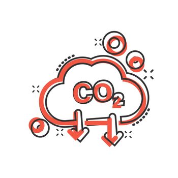Co2 icon in comic style. Emission cartoon vector illustration on white isolated background. Gas reduction splash effect business concept.