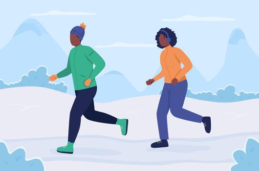 Running during wintertime flat color vector illustration