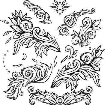 Set of vintage floral pattern design elements. Victorian Motif, tattoo design element. Bouquet concept art. Isolated vector illustration