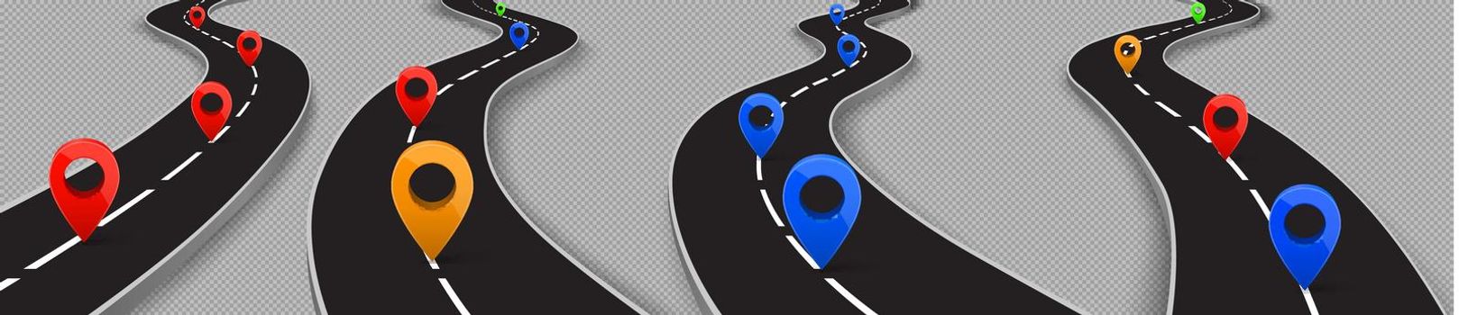 Road with gps pins, highway navigation route set