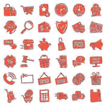Shopping icon set in comic style. Online commerce cartoon vector illustration on white isolated background. Market store splash effect business concept.