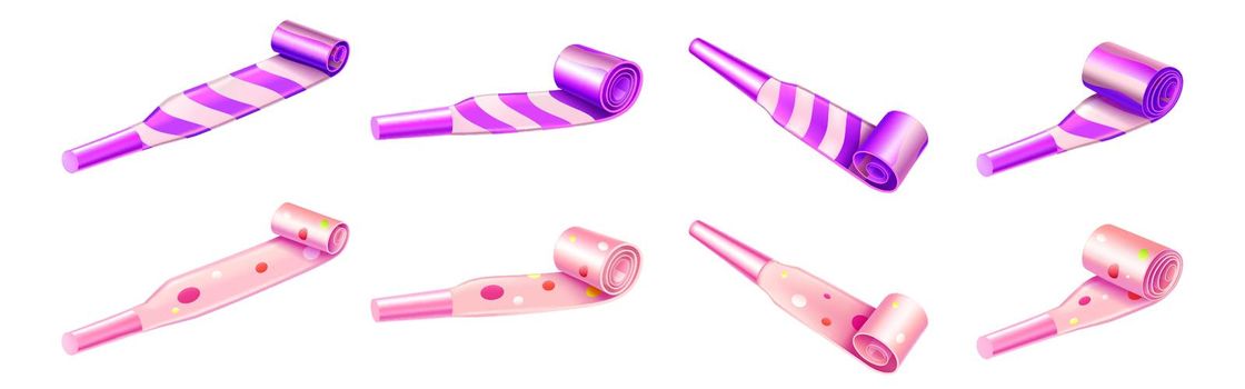 Party horn blowers with color stripes and dots
