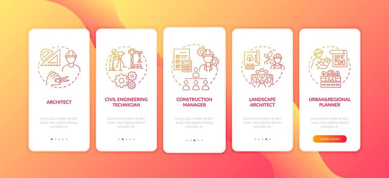 Civil engineering specialist red onboarding mobile app page screen with concepts