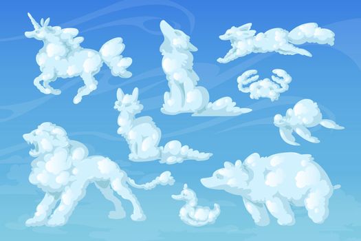 Cloud animals, cartoon fluffy eddies in blue sky