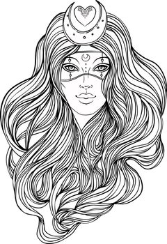 Moon princess. Tribal Fusion Boho Diva. Beautiful divine girl with crescent tiara and venetian mask. Hand drawn elegant illustration.