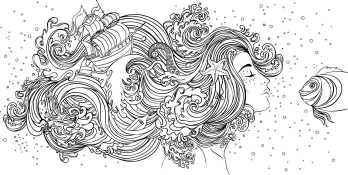 Beautiful mermaid girl with magic hair. Profile of ocean siren. Vector illustration isolated on white. Sea, fantasy, tattoo flash, coloring book. Hand drawn artwork.