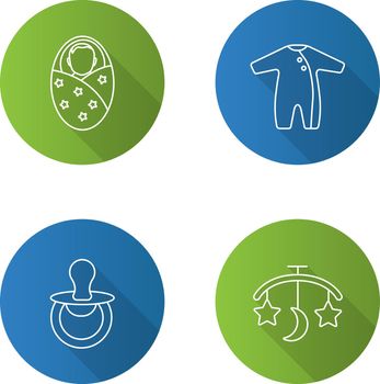 Childcare flat linear long shadow icons set
