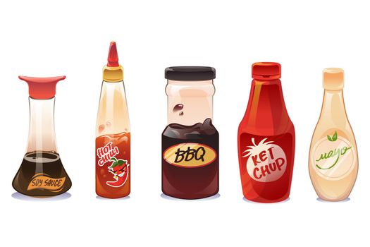 Soy sauce, ketchup and mayonnaise in bottles