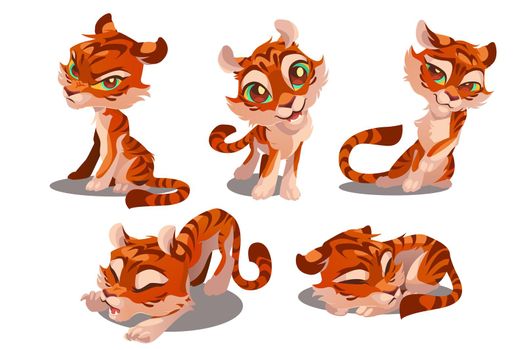 Cute baby tiger character with different emotions