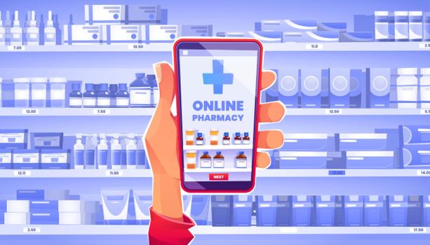 Online pharmacy concept, hand holding smartphone