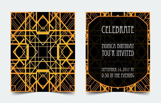 Art Deco vintage invitation template design. patterns and frames. Retro party geometric background set in 1920s style. Vector illustration.