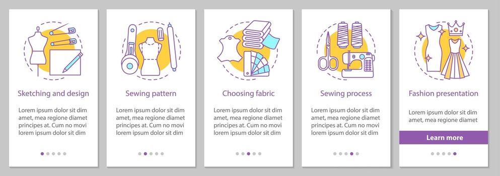 Dressmaking onboarding mobile app page screen with linear concep