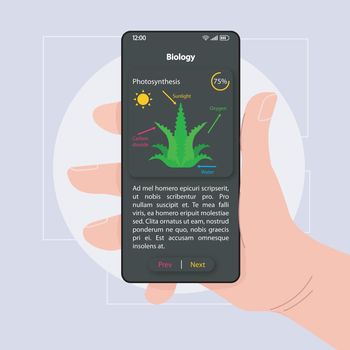 Biology knowledge smartphone interface vector template. Mobile app page black design layout. Photosynthesis description screen. Flat UI for application. Hand holding phone with subject info on display