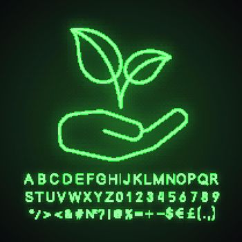 Open hand with sprout neon light icon