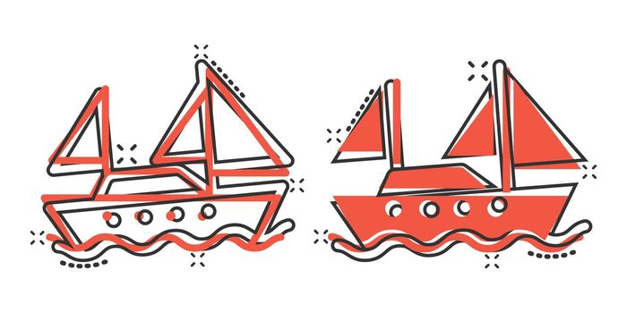Tourism ship icon in comic style. Fishing boat cartoon vector illustration on white isolated background. Tanker destination splash effect business concept.