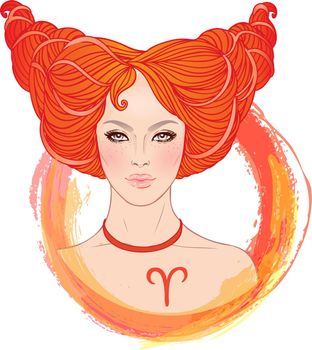 Illustration of Aries astrological sign as a beautiful girl. Zodiac vector illustration isolated on white. Future telling, horoscope, alchemy, spirituality, occultism, fashion woman.