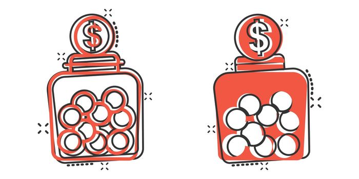 Money box icon in comic style. Coin jar container cartoon vector illustration on white isolated background. Donation moneybox splash effect business concept.