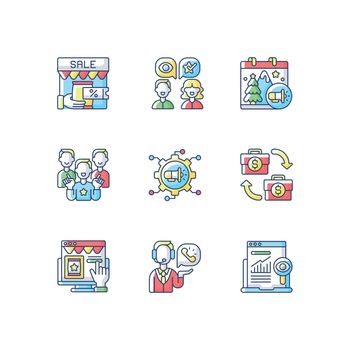 Marketing strategies RGB color icons set
